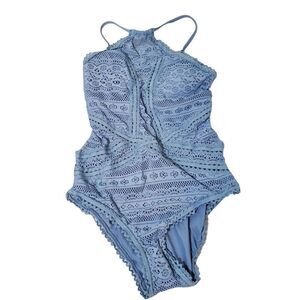 Becca Rebecca Virtue Swimsuit Womens Small Crochet One Piece Halter Neck Blue